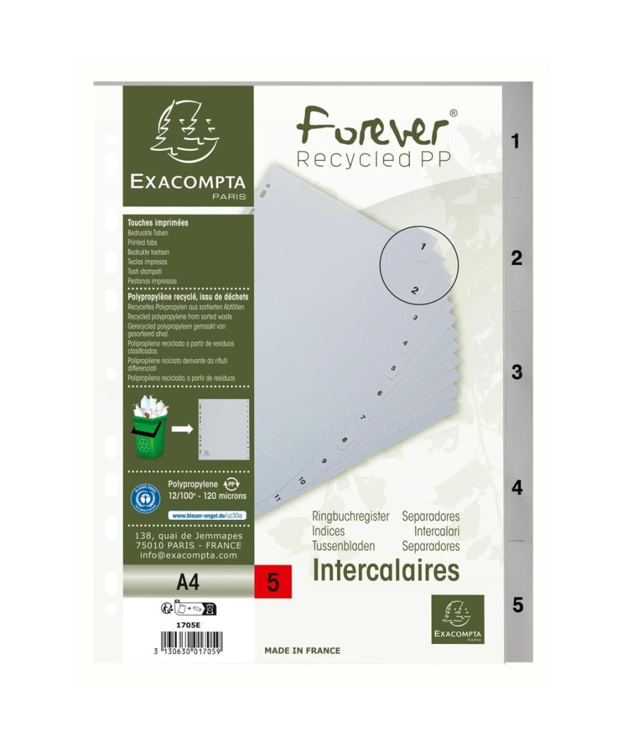 Intercal.impr.A4 Num.1-5 PP recycl gris