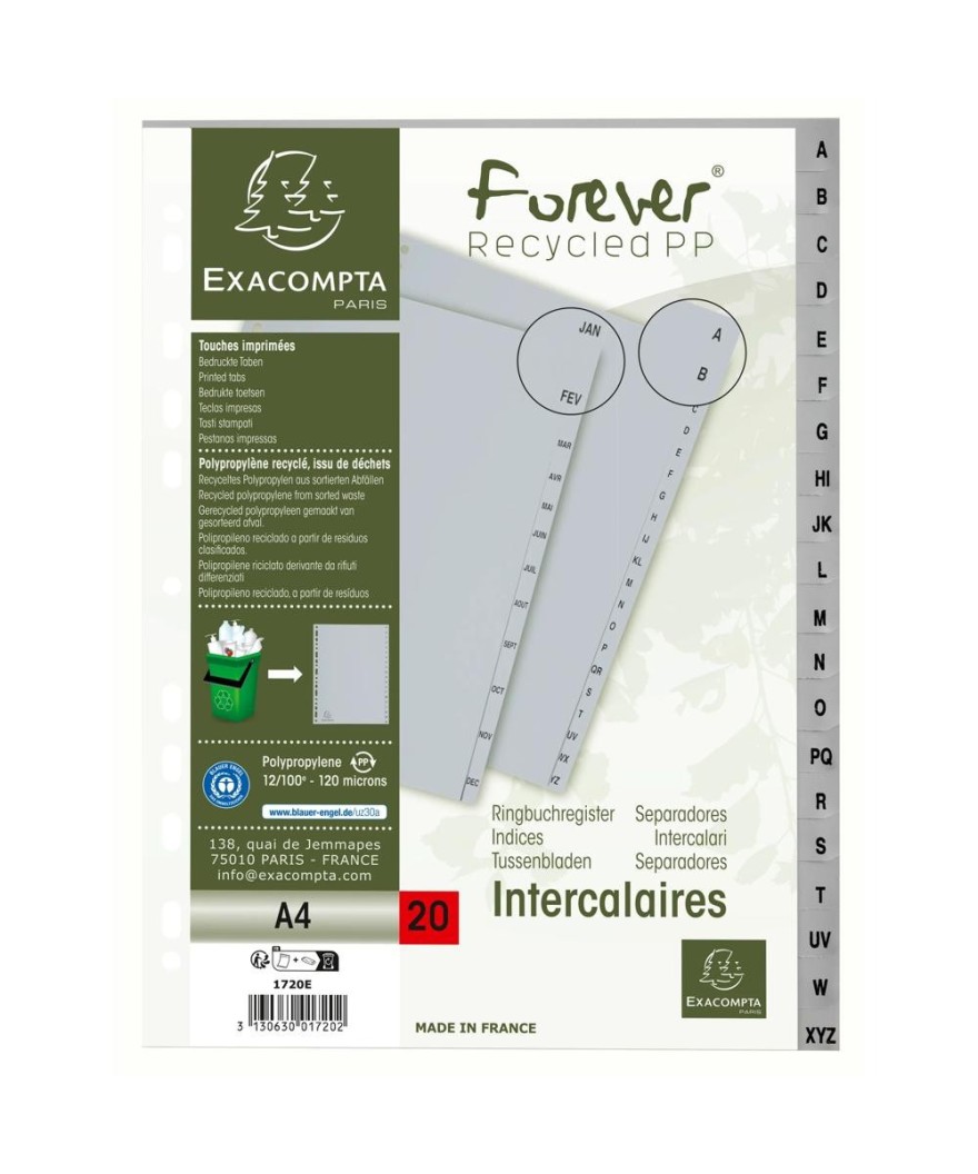 Intercalaires PP recycl gris A4 20p A-Z