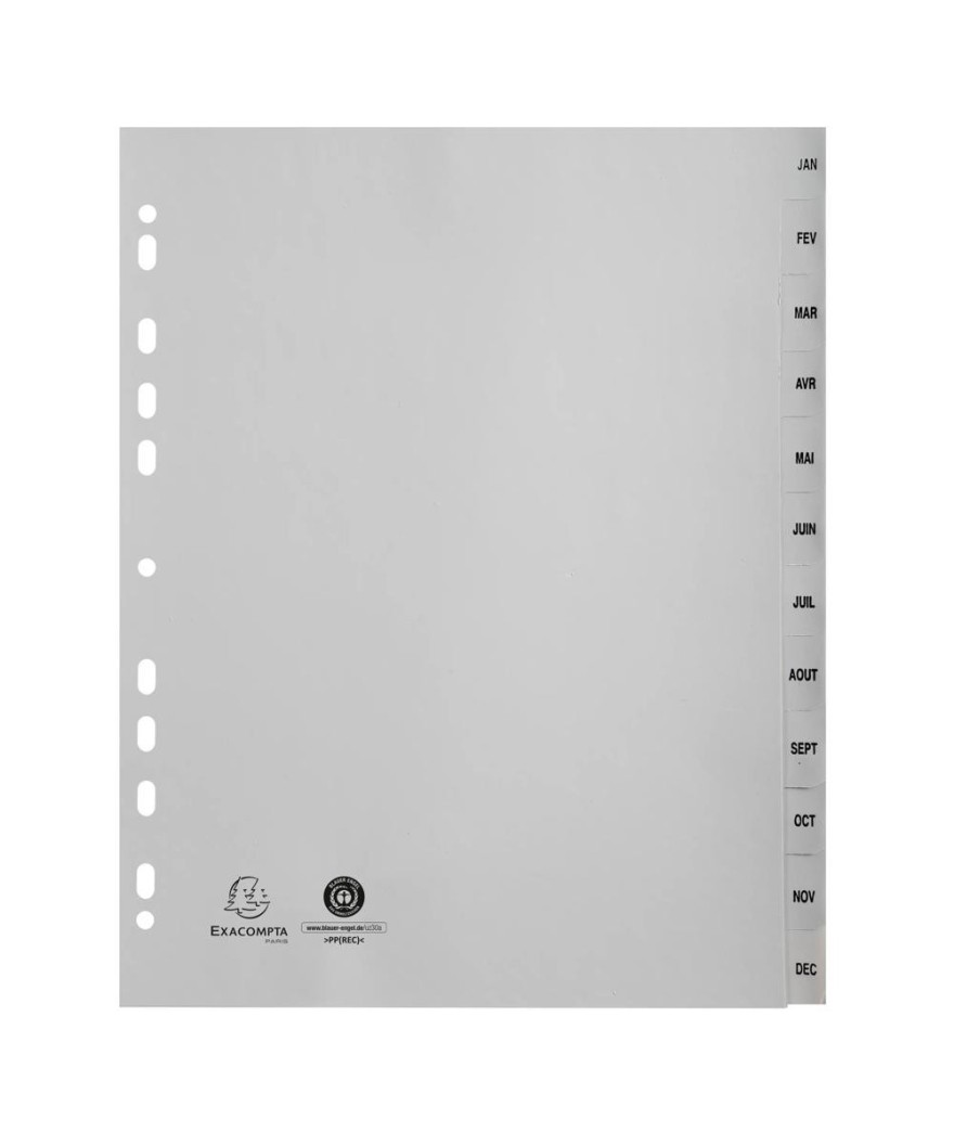 Intercalaires PP gris A4+ 12p Mois