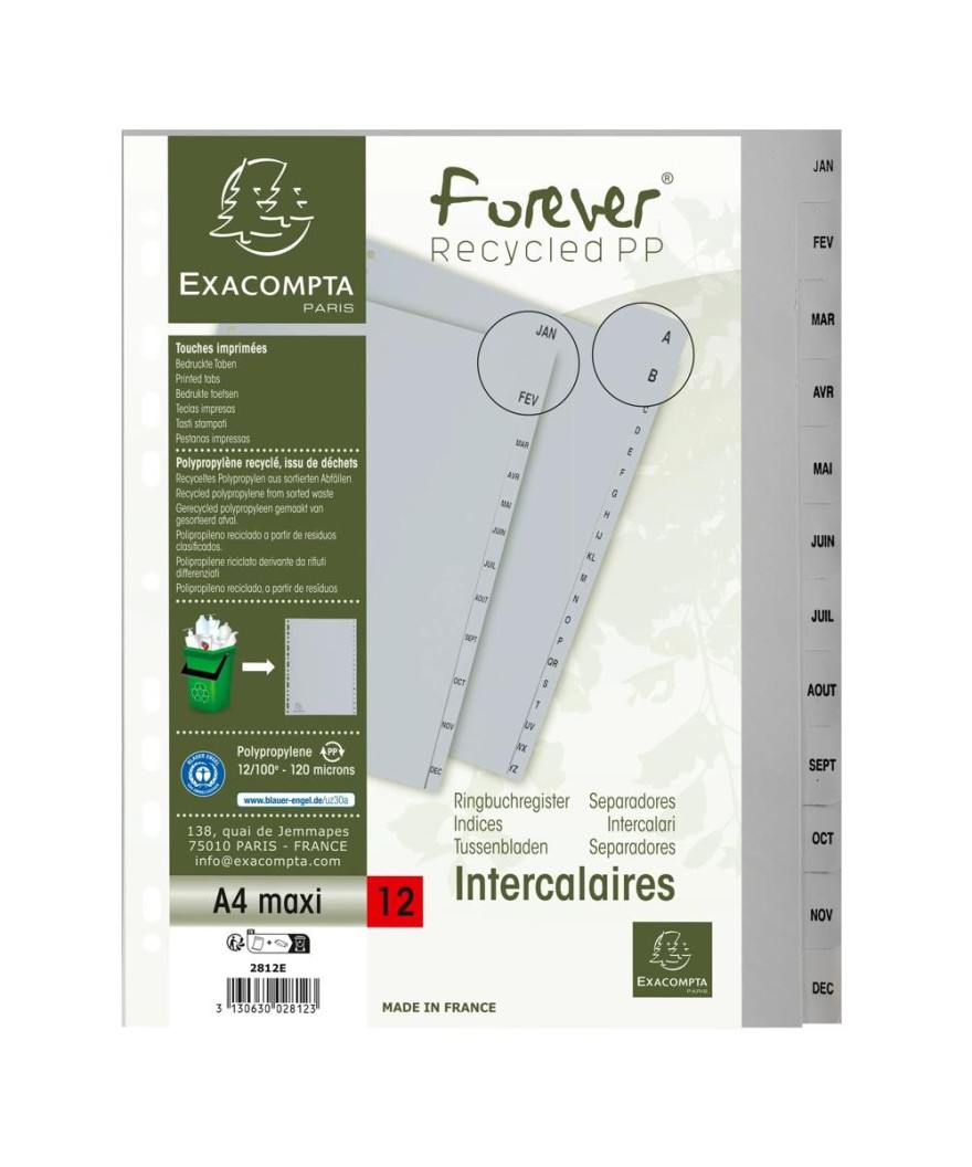 Intercalaires PP gris A4+ 12p Mois