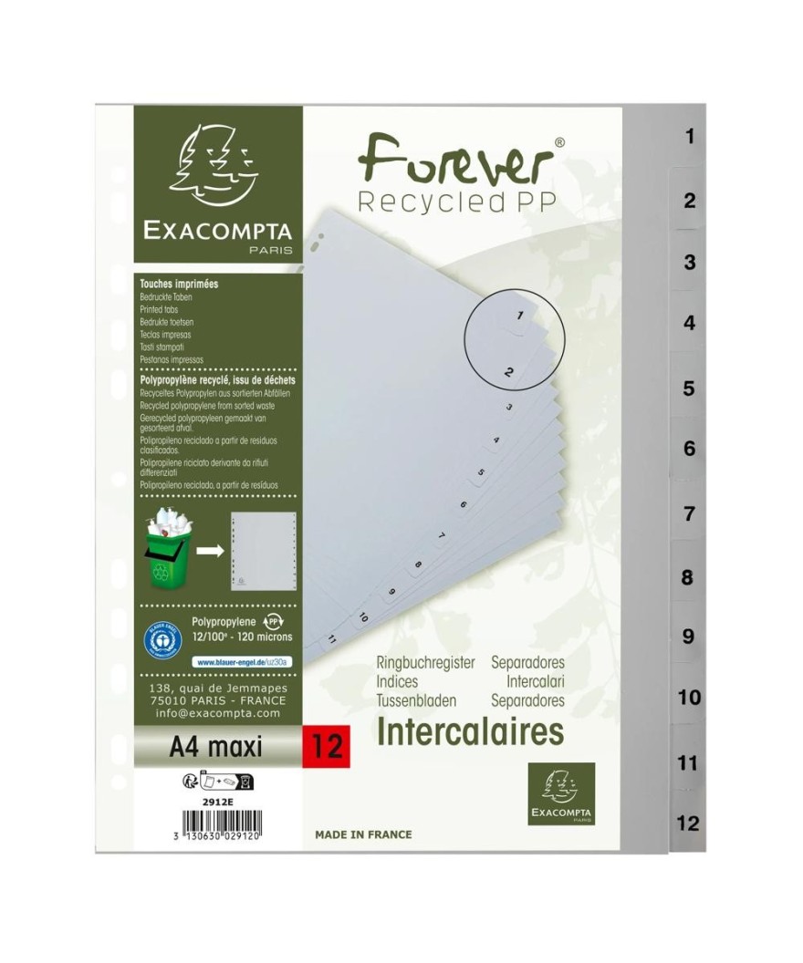 Intercalaires 1-12 A4+ PP gris ongl.imp.