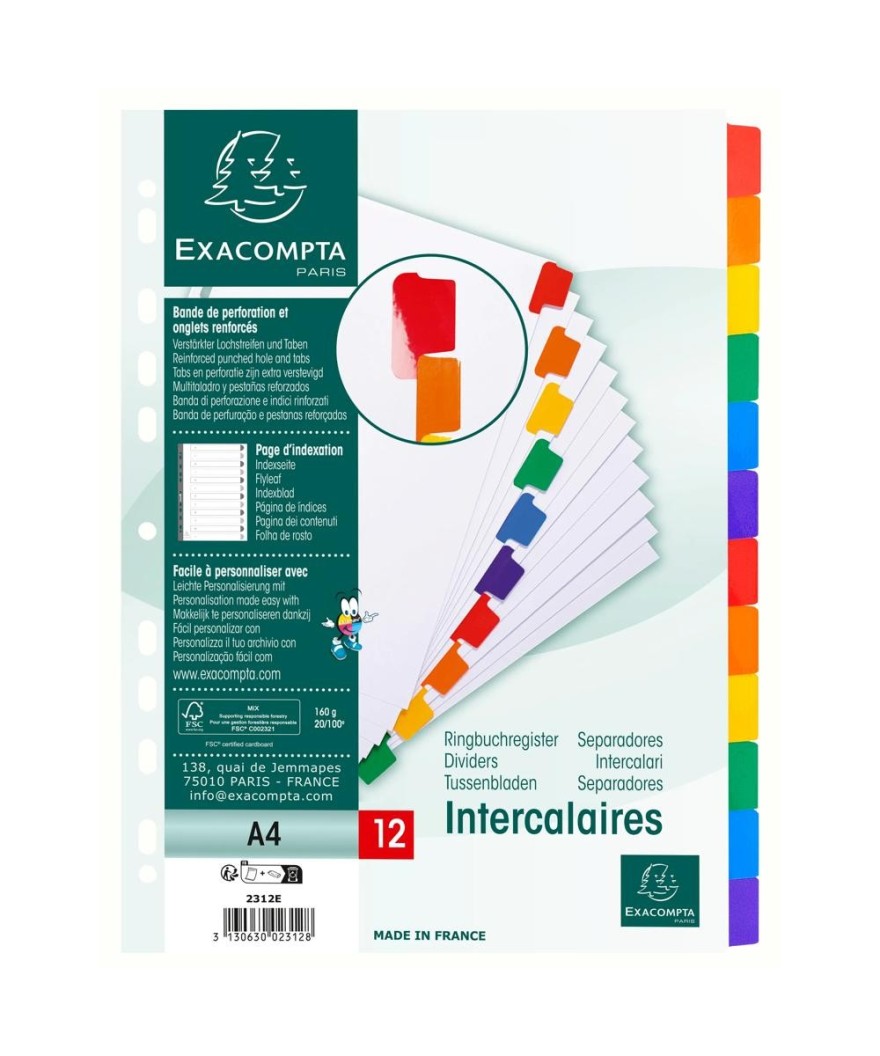 Intercal. 12P A4 carte blan.+ongl.coul.
