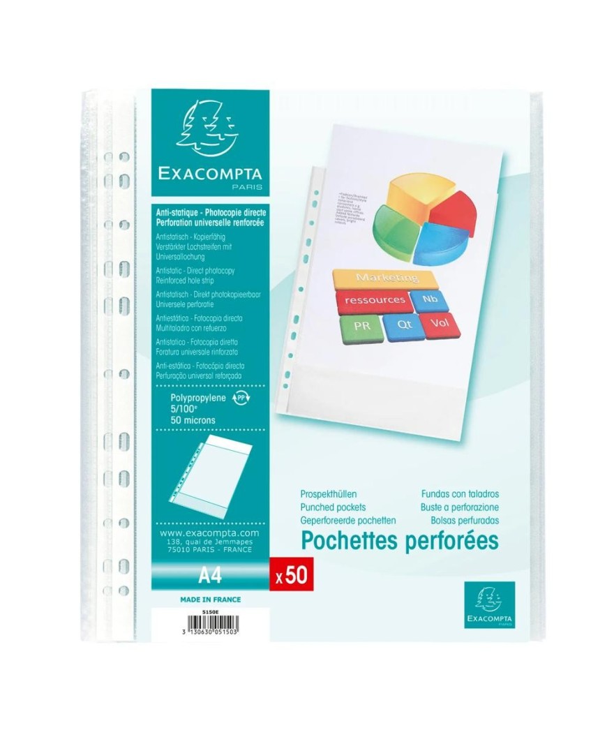 Sachet 50 poch.perf. PP grainé 5/100° A4