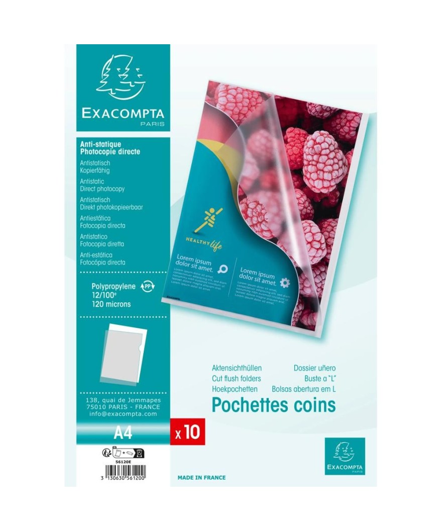 Sachet10 poch.Coin A4 PP grainé 120µ inc