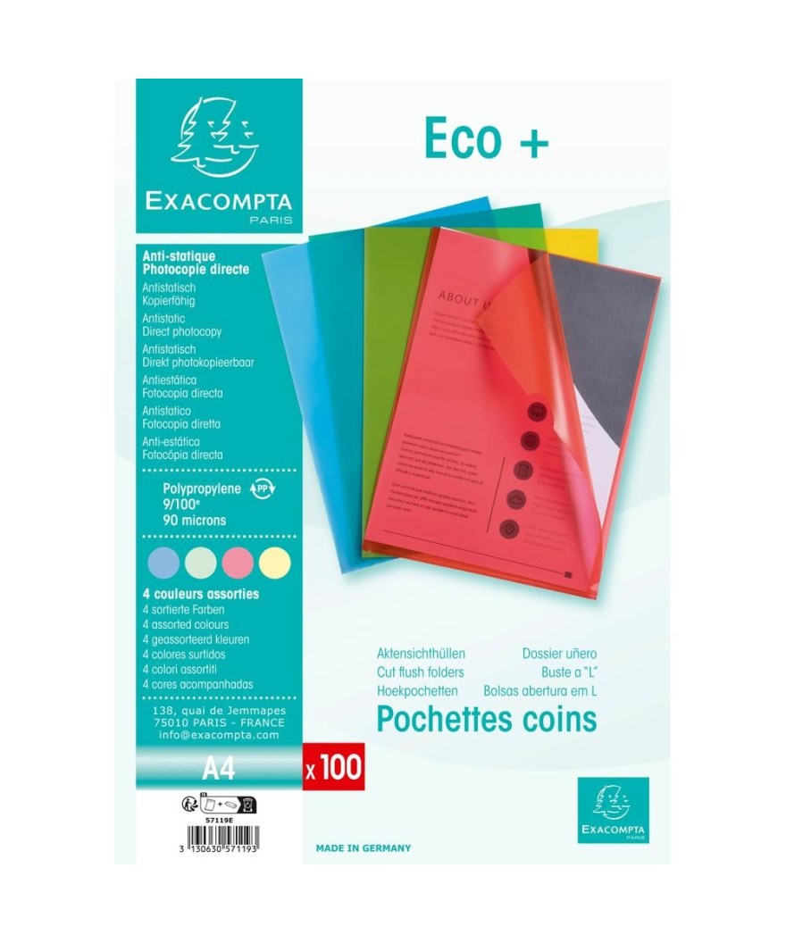 Sachet100 poch.Coin A4 PP grainé ECO ass