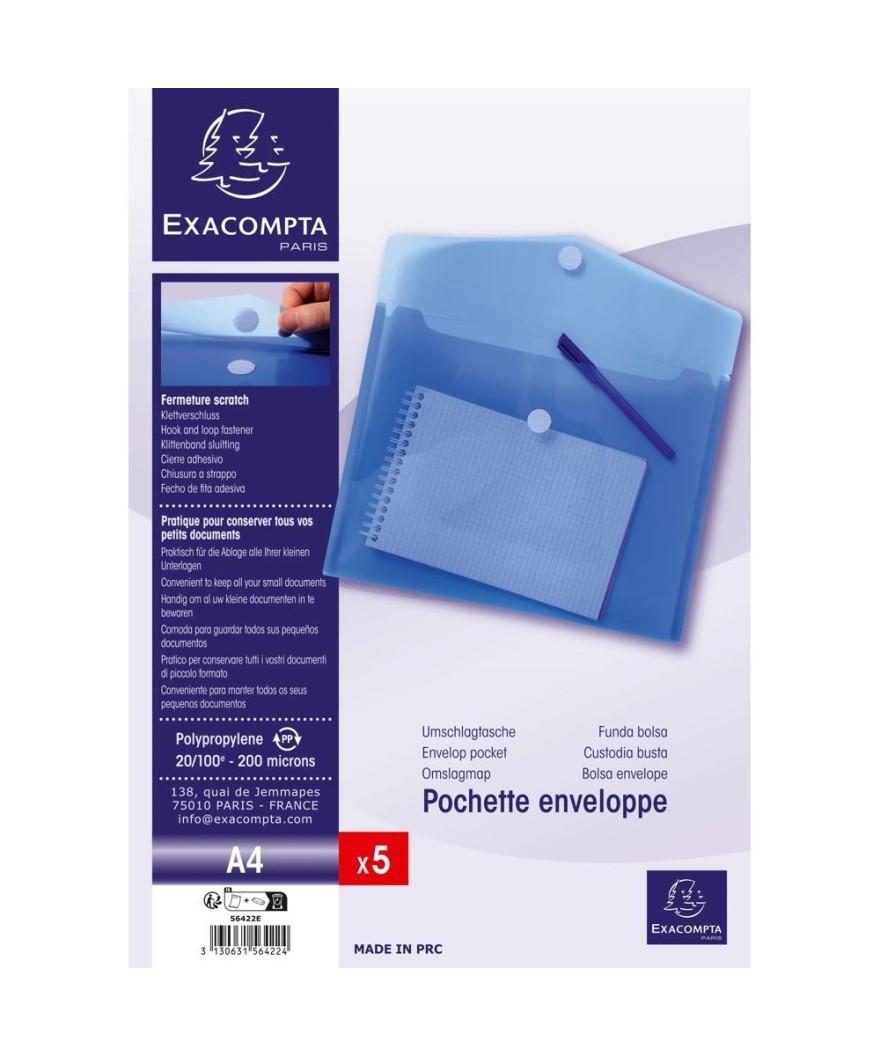 Sach.5 poch.enveloppe scratch A4 PP bleu