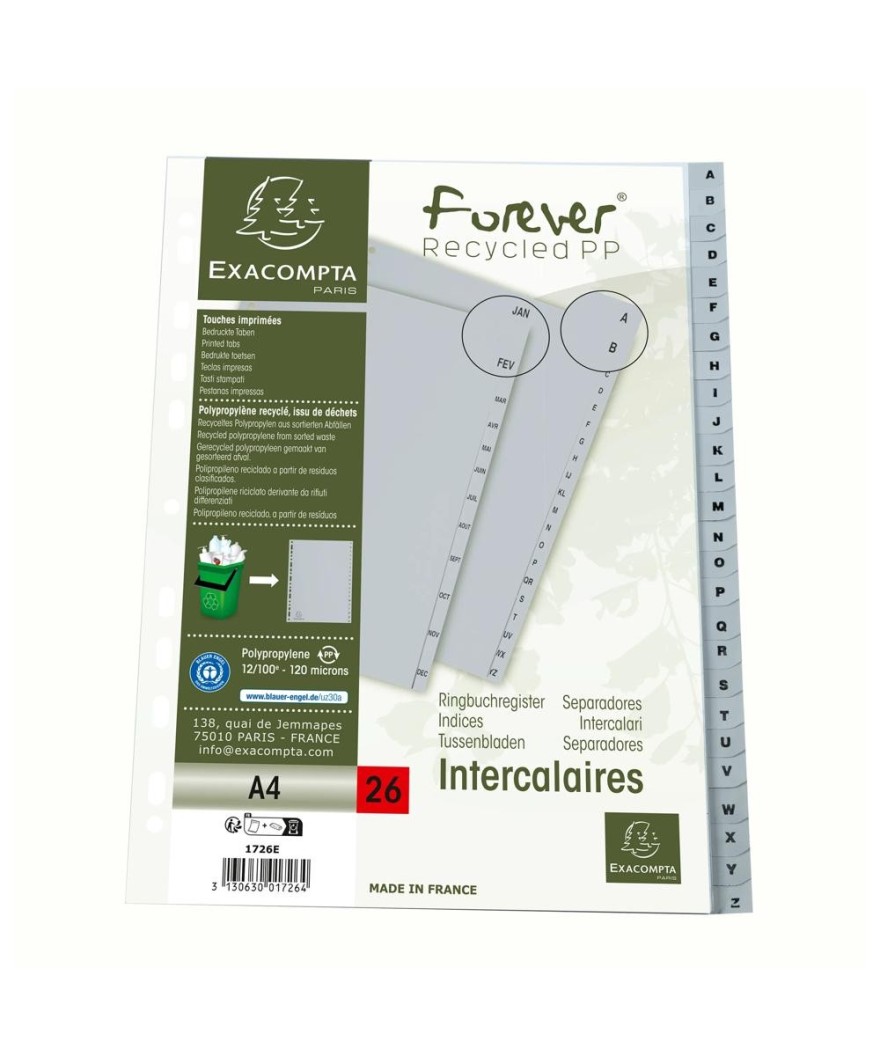 Intercalaires PP recycl gris A4 26p A-Z