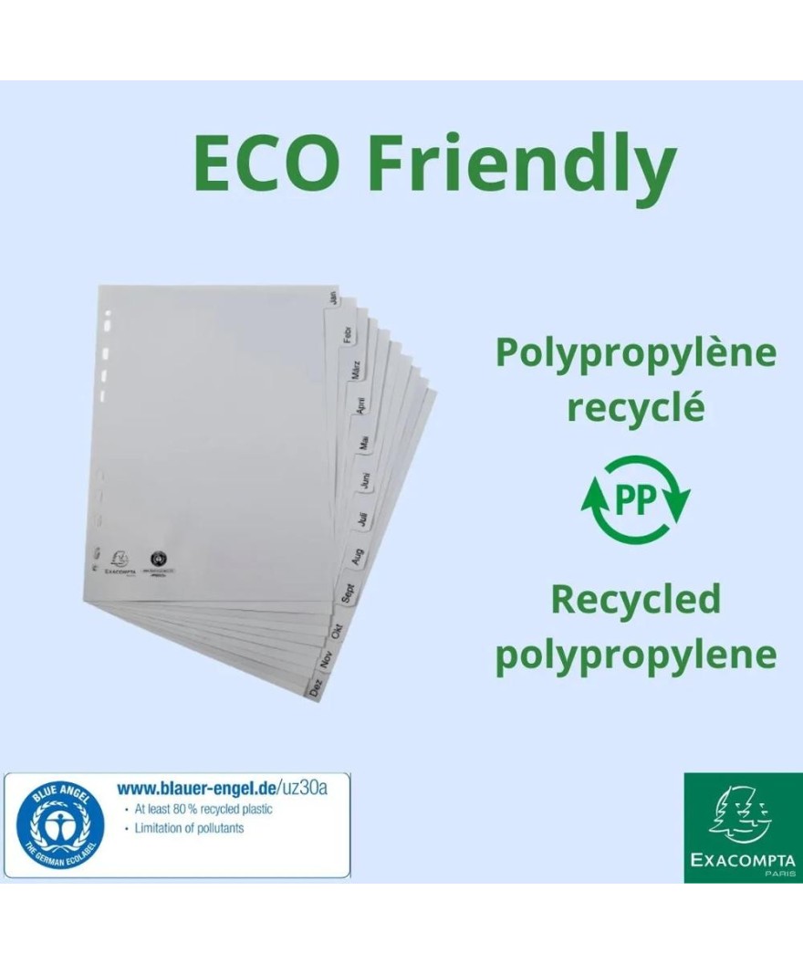 Intercalaires PP recycl gris A4 12p Mois
