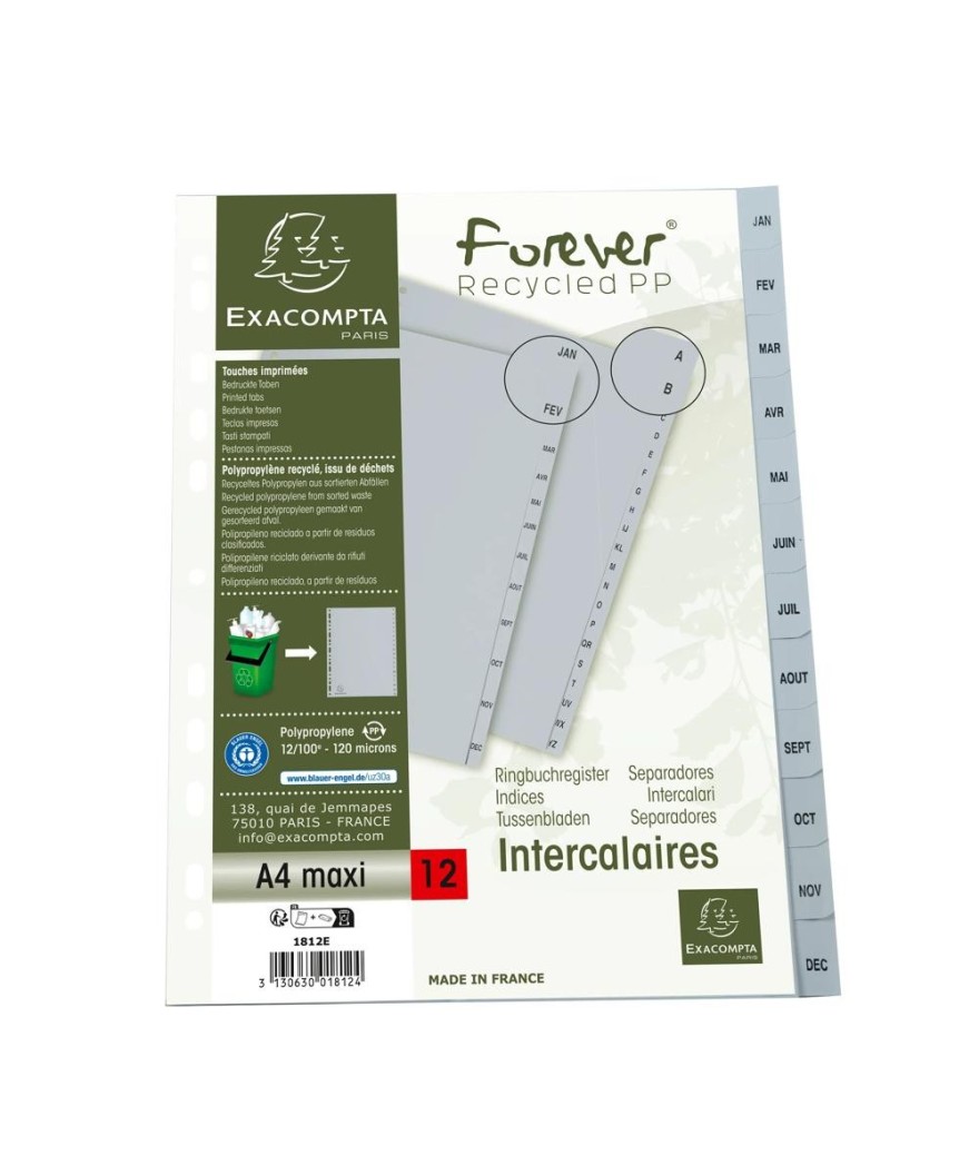 Intercalaires PP recycl gris A4 12p Mois