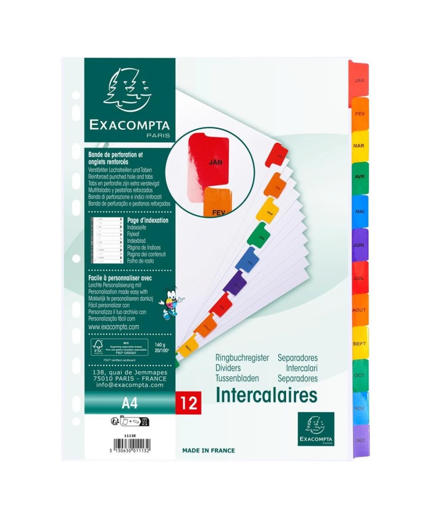 Intercal.Mois A4 carte bl.+ongl.coul.imp