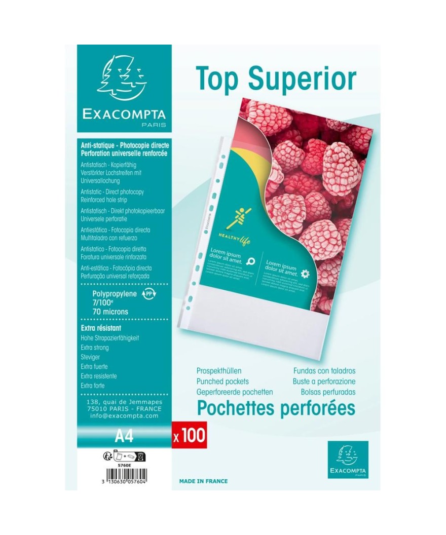 Sach.100 poch.perfo A4 PP 70µ grainé